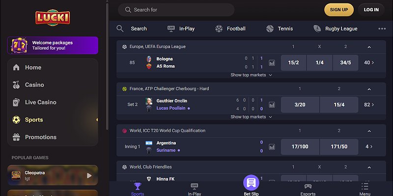 Lucki Casino – skärmdump av sportsboken