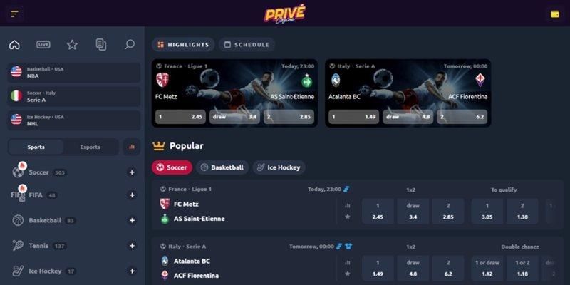 Privé Casino – skärmdump av casinot
